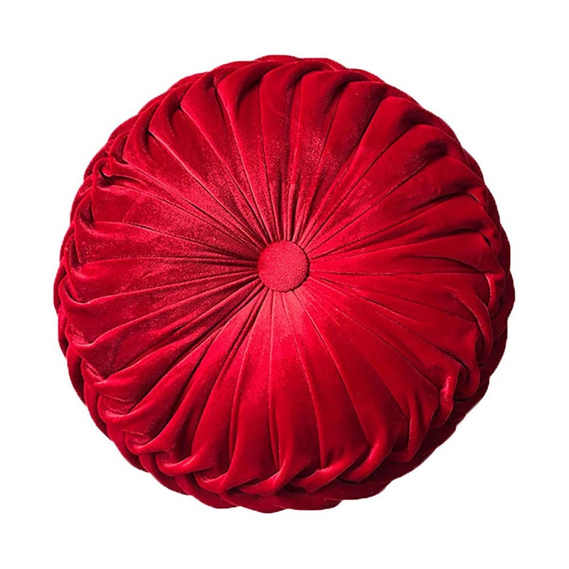Teieas Round Throw Pillow Velvet Home Decoration Pleated Round Pillow Cushion for Couch Chair Bed Car Red - Image 1